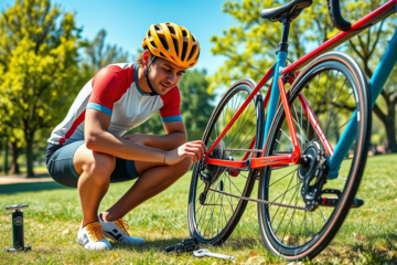 A cyclist demonstrating the use of a quick release mechanism on a bicycle wheel.