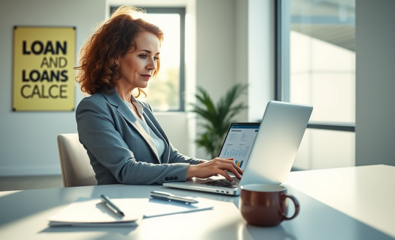 Illustration of a loan calculator with inputs for amount, interest rate, and term.