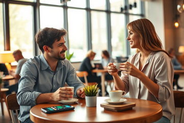 Two young adults engaging in a lively conversation over coffee in a cozy modern café, illustrating conversation starters that get replies