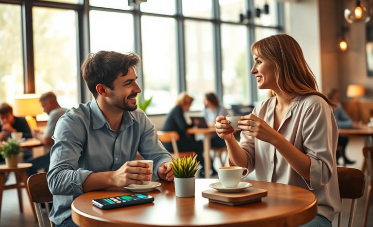 Two young adults engaging in a lively conversation over coffee in a cozy modern café, illustrating conversation starters that get replies