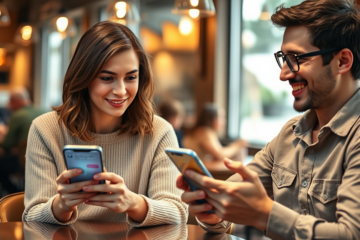 Two young adults in a cozy coffee shop engaged in friendly dating app conversation, exemplifying dating conversation tips for better matches.