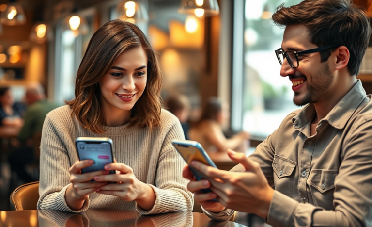 Two young adults in a cozy coffee shop engaged in friendly dating app conversation, exemplifying dating conversation tips for better matches.