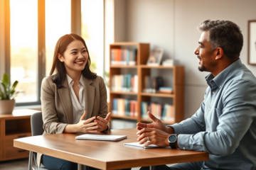 Two professionals engaging in a warm conversation in a modern office, illustrating conversation skills for better connections and results