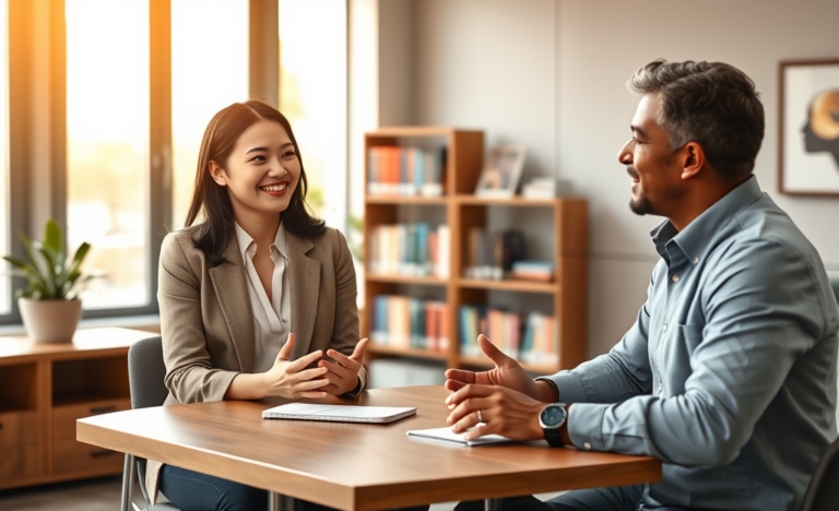 Two professionals engaging in a warm conversation in a modern office, illustrating conversation skills for better connections and results