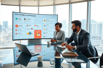Three business professionals collaborating around a glass table in a modern office, optimizing app messaging with digital charts and devices for better replies and conversions