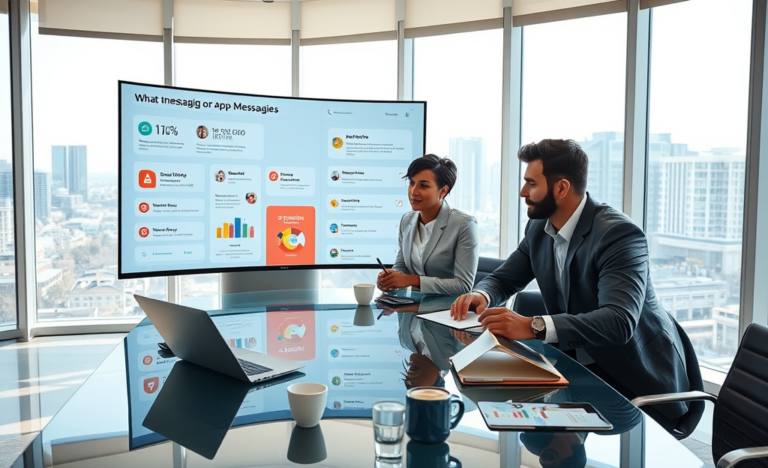 Three business professionals collaborating around a glass table in a modern office, optimizing app messaging with digital charts and devices for better replies and conversions