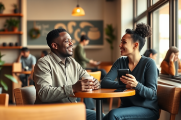 Two young adults engaged in a friendly conversation at a cozy coffee shop, exemplifying conversation starter tips that help you connect fast