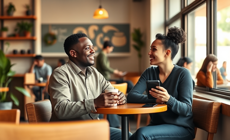 Two young adults engaged in a friendly conversation at a cozy coffee shop, exemplifying conversation starter tips that help you connect fast