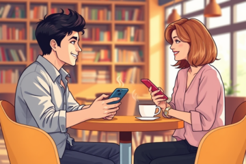 Two young adults chatting on smartphones in a cozy coffee shop, illustrating dating app conversation tips for better replies
