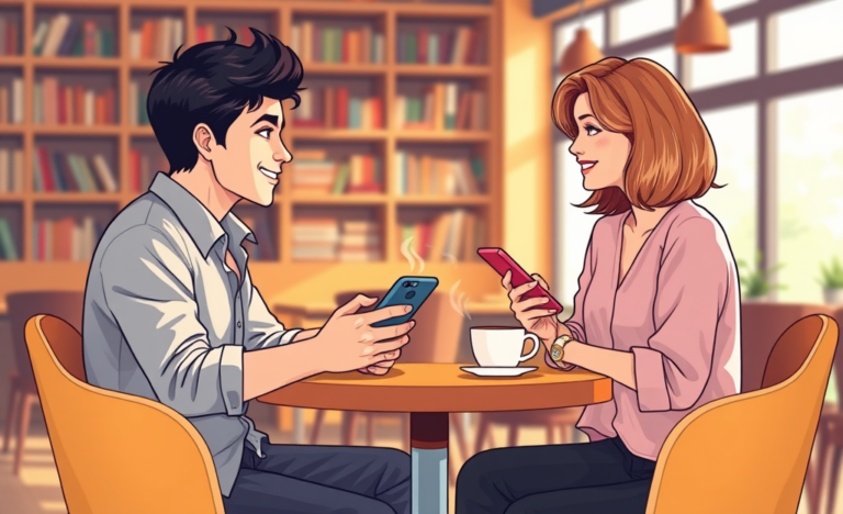 Two young adults chatting on smartphones in a cozy coffee shop, illustrating dating app conversation tips for better replies