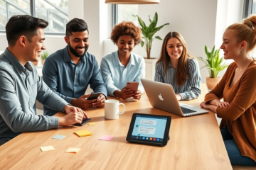 Diverse group of young adults in a bright modern workspace engaged in conversations using smartphones and laptops to keep chats going