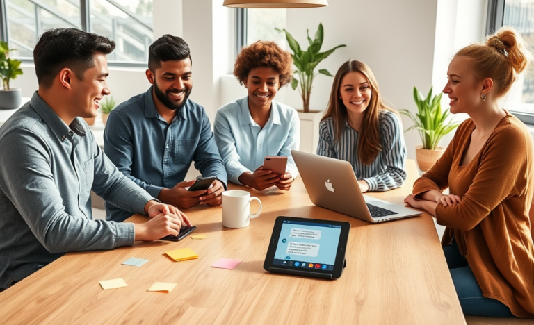 Diverse group of young adults in a bright modern workspace engaged in conversations using smartphones and laptops to keep chats going
