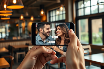 Young couple chatting on a dating app via smartphone screen in a cozy coffee shop highlighting conversation tips to keep the match going
