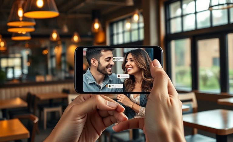 Young couple chatting on a dating app via smartphone screen in a cozy coffee shop highlighting conversation tips to keep the match going