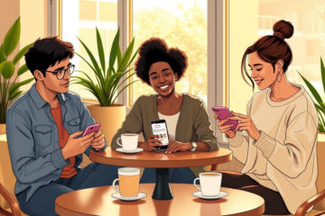 Three diverse young adults using an online dating app on smartphones in a cozy cafe, sharing tips for better matches and stronger connections