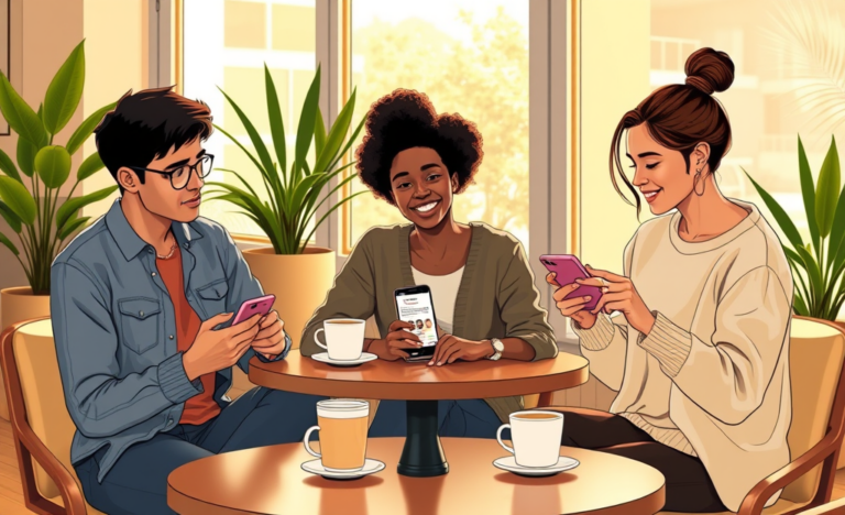 Three diverse young adults using an online dating app on smartphones in a cozy cafe, sharing tips for better matches and stronger connections