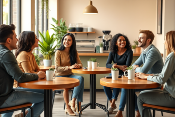 Diverse young adults naturally engaging in friendly conversation at a modern café with warm lighting and relaxed atmosphere