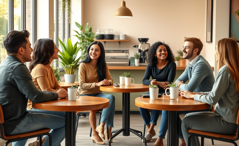 Diverse young adults naturally engaging in friendly conversation at a modern café with warm lighting and relaxed atmosphere