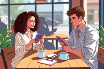 Two young adults in a cozy cafe using smartphones to chat on a dating app, illustrating conversation tips for better replies