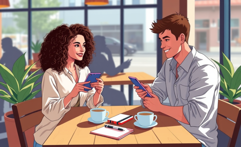 Two young adults in a cozy cafe using smartphones to chat on a dating app, illustrating conversation tips for better replies