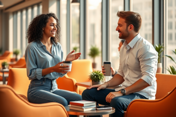 Two young adults in a modern office lounge having a friendly conversation over coffee, illustrating conversation tips for better new-people chats