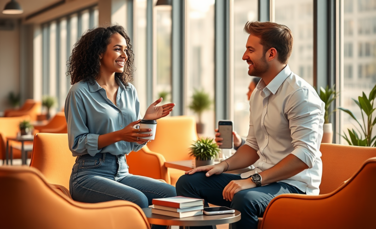 Two young adults in a modern office lounge having a friendly conversation over coffee, illustrating conversation tips for better new-people chats