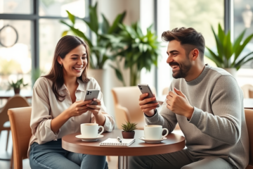 Two young adults using smartphones in a bright café engaging in friendly conversation illustrating dating app conversation tips for better matches