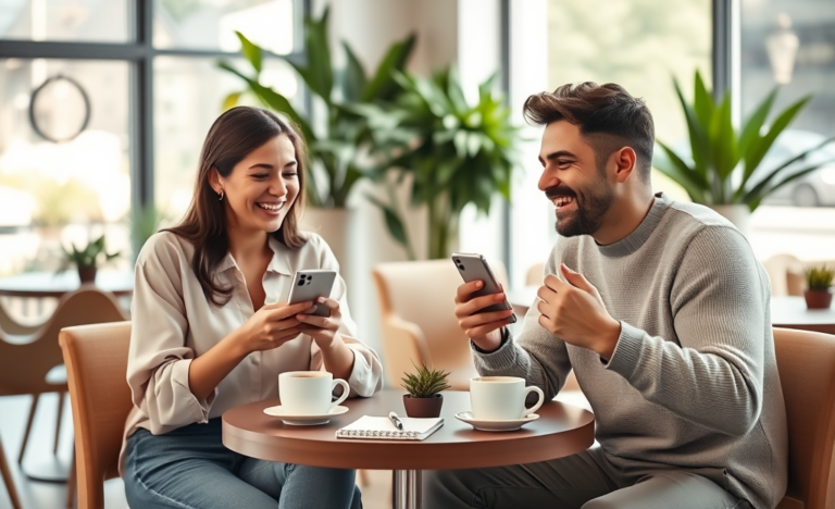 Two young adults using smartphones in a bright café engaging in friendly conversation illustrating dating app conversation tips for better matches