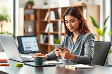 Young professional woman typing first message responses on smartphone and laptop in a modern office to improve reply rates