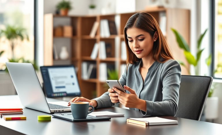 Young professional woman typing first message responses on smartphone and laptop in a modern office to improve reply rates