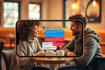 Young adults sharing engaging dating app conversation starters on a smartphone in a cozy cafe with warm natural lighting