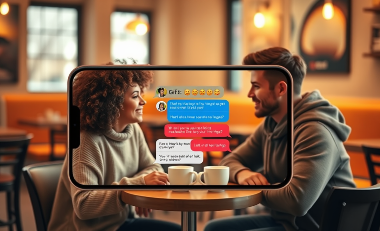 Young adults sharing engaging dating app conversation starters on a smartphone in a cozy cafe with warm natural lighting