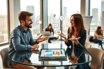 Two young professionals engaged in lively conversation in a modern office, emphasizing conversation tips for engagement