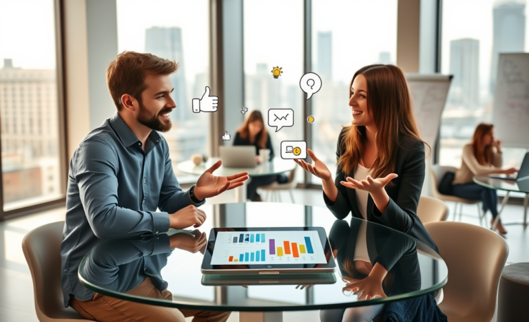 Two young professionals engaged in lively conversation in a modern office, emphasizing conversation tips for engagement