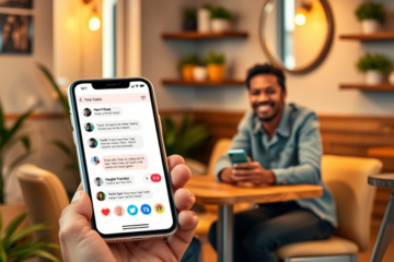 Two young adults smiling and using smartphones at a café, with a clear dating app conversation interface on the phone screen illustrating conversation tips.