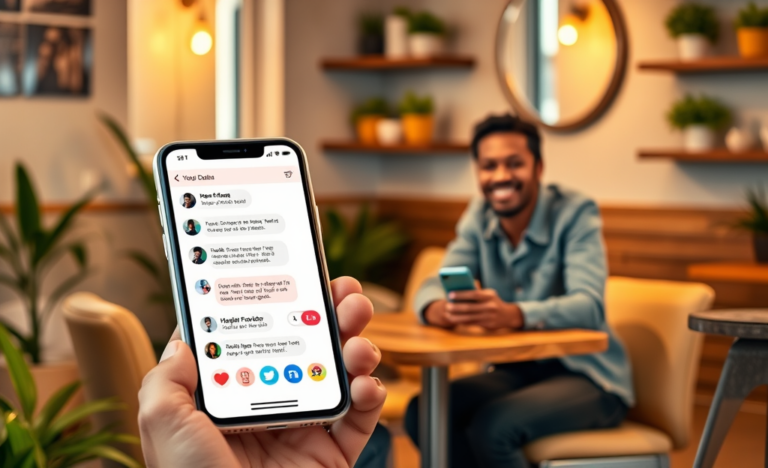Two young adults smiling and using smartphones at a café, with a clear dating app conversation interface on the phone screen illustrating conversation tips.