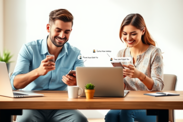 Young man and woman in a warmly lit modern office sending positive messages on smartphones with relaxed expressions, illustrating dating app response tips.