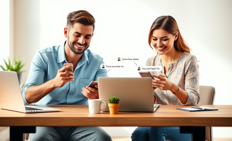 Young man and woman in a warmly lit modern office sending positive messages on smartphones with relaxed expressions, illustrating dating app response tips.