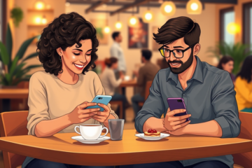 Young diverse couple engaging in lively text conversation on smartphones in a cozy, warmly lit café setting illustrating dating conversation tips