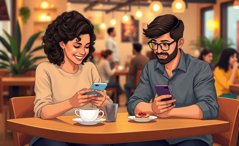 Young diverse couple engaging in lively text conversation on smartphones in a cozy, warmly lit café setting illustrating dating conversation tips