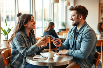 Two young adults sitting in a bright café engaging in friendly conversation over a dating app on a smartphone, illustrating dating app conversation tips.