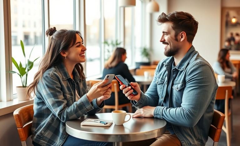 Two young adults sitting in a bright café engaging in friendly conversation over a dating app on a smartphone, illustrating dating app conversation tips.