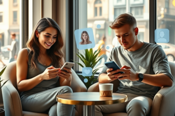 Young adults using smartphones in bright urban cafés focusing on dating app strategies to avoid common mistakes and improve results