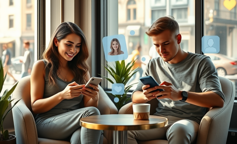 Young adults using smartphones in bright urban cafés focusing on dating app strategies to avoid common mistakes and improve results