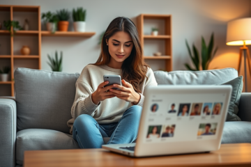 Young woman editing her dating profile on smartphone in a cozy, warmly lit apartment highlighting dating profile optimization