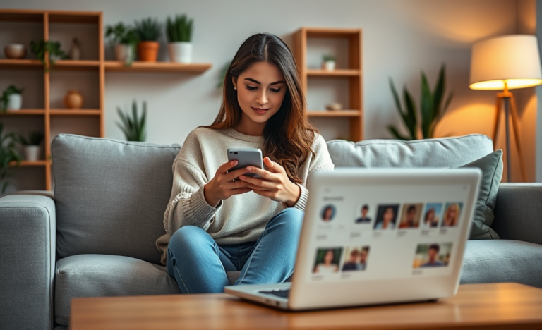 Young woman editing her dating profile on smartphone in a cozy, warmly lit apartment highlighting dating profile optimization