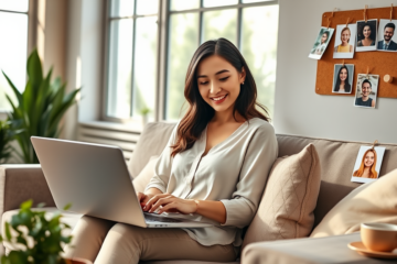 Young professional woman optimizing her dating profile on a laptop in a bright modern room to get more matches faster