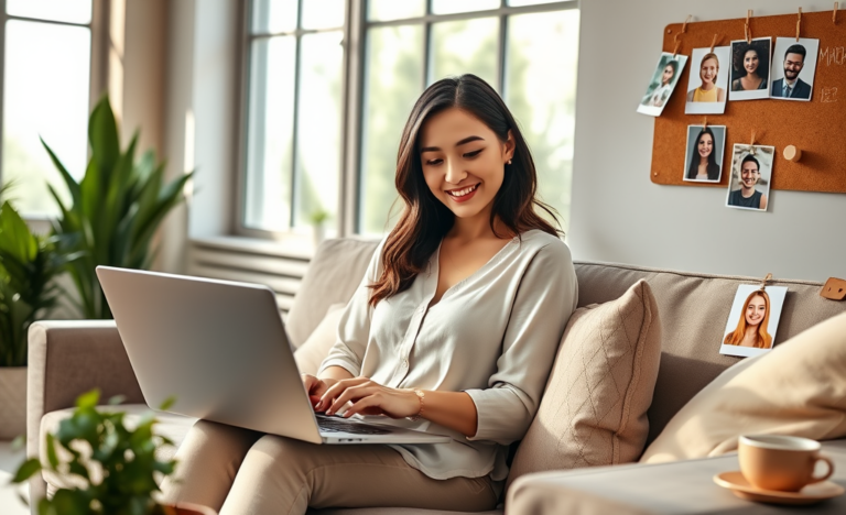 Young professional woman optimizing her dating profile on a laptop in a bright modern room to get more matches faster