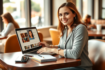 Young woman optimizing her dating profile on a laptop in a sunlit café, surrounded by smartphone, notes, and coffee cup