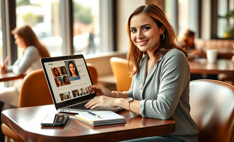 Young woman optimizing her dating profile on a laptop in a sunlit café, surrounded by smartphone, notes, and coffee cup